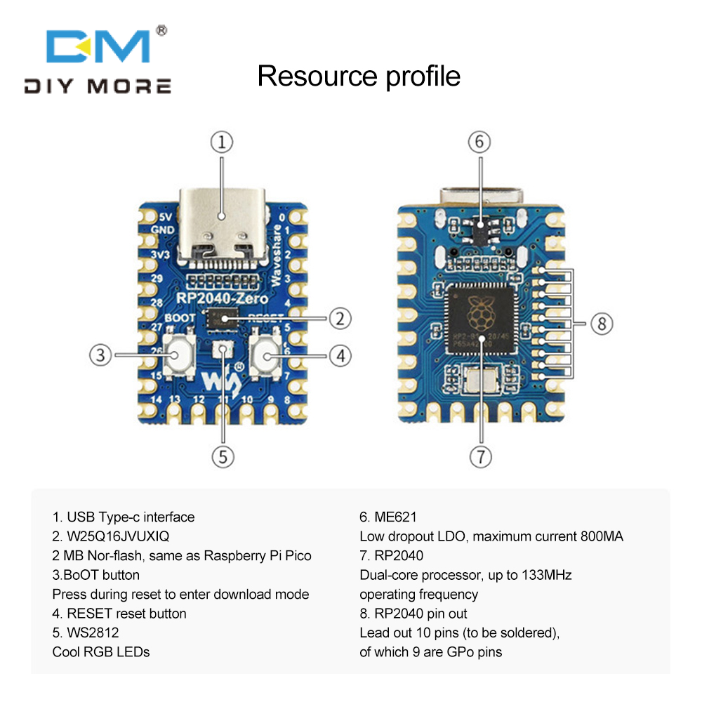 diymore Bo Mạch Phát Triển PICO Vi Điều Khiển Raspberry Pi RP2040-Zero Không Có Đầu Ghim