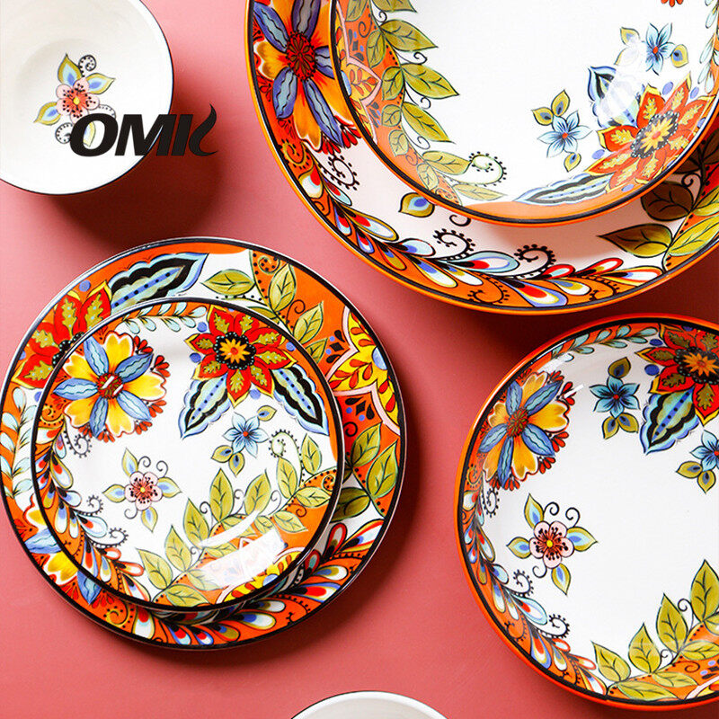 Omk phong cách Mỹ underglaze gốm bộ đồ ăn đĩa ăn tối Đĩa sâu bát đựng sa lát Bộ đồ ăn