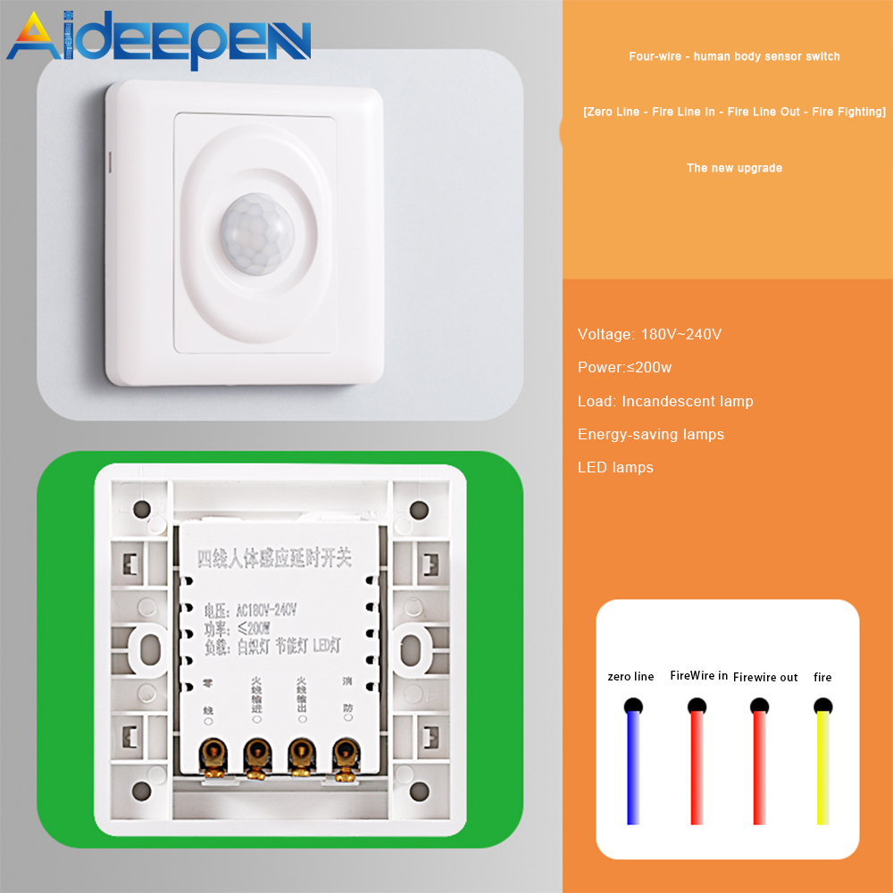 Aideepen Công Tắc Cảm Ứng Cơ Thể Người Bốn Dây Công Tắc Cảm Biến Hồng Ngoại Cầu Thang Loại 86 Công Tắc Vỉa Hè Tường Công Tắc Trễ Thông Minh 220V
