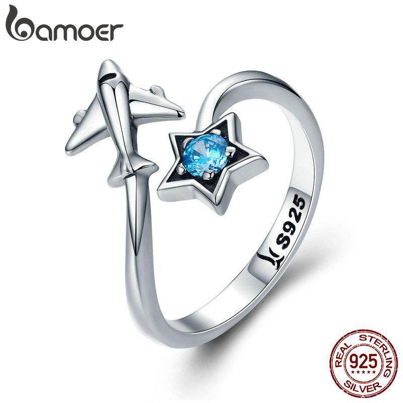 BAMOER Free Shpping 100% 925 Sterling Silver Trendy Star Tours Star & Plane Female Finger Rings for Women Sterling Silver Jewelry Anel SCR322