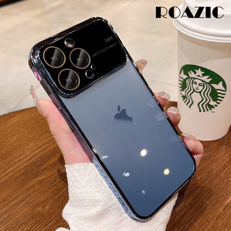 Roazic luxury large window transparent case for iphone 14 13 12 11 pro max xs xr x 7 8 plus + electroplated phone casing with lens film protect soft tpu shockproof back cover