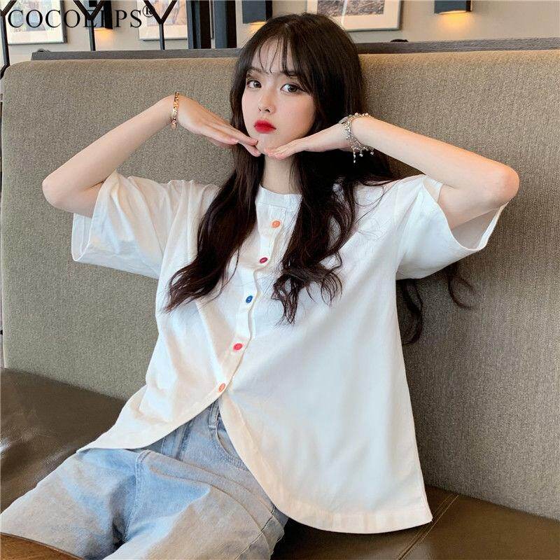 COCOEPPS Summer Dress Women's Irregular Slit New Tide Heart Machine Shirt Female Korean Loose White Short-sleeved T-shirt