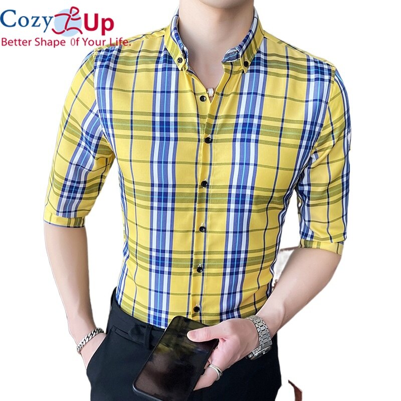 Cozy Up Men British Style Shirt 3/4 Sleeve Men Slim Plaid Batik Lapel