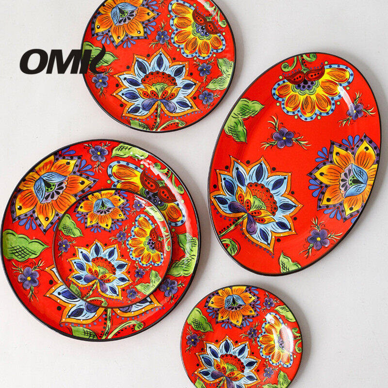 Omk phong cách Mỹ underglaze gốm bộ đồ ăn đĩa ăn tối Đĩa sâu món tráng miệng hình bầu dục khay salah bát