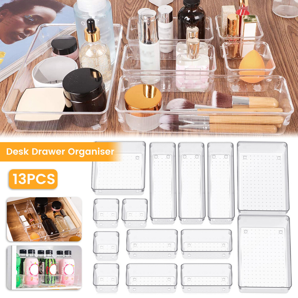 13PCS Kitchen Tidy Tray Desk Drawer Divider Clear Storage Box Make up Cosmetics Organiser Home Office Office Supplies