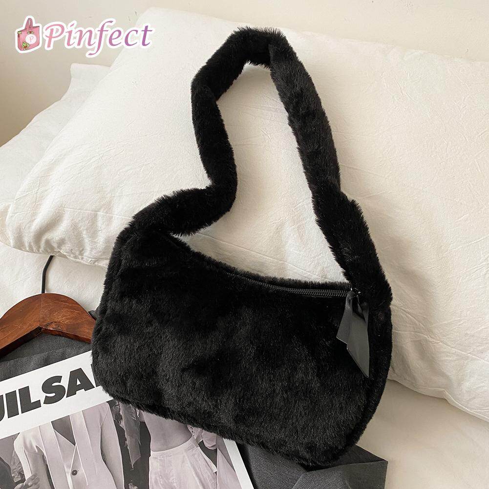 [Pinfect] Fashion Vintage Soft Plush Shoulder Bag Women Handbags Casual Simple Solid Color Underarm Bag Sling Bag Travel Street Totes Purse