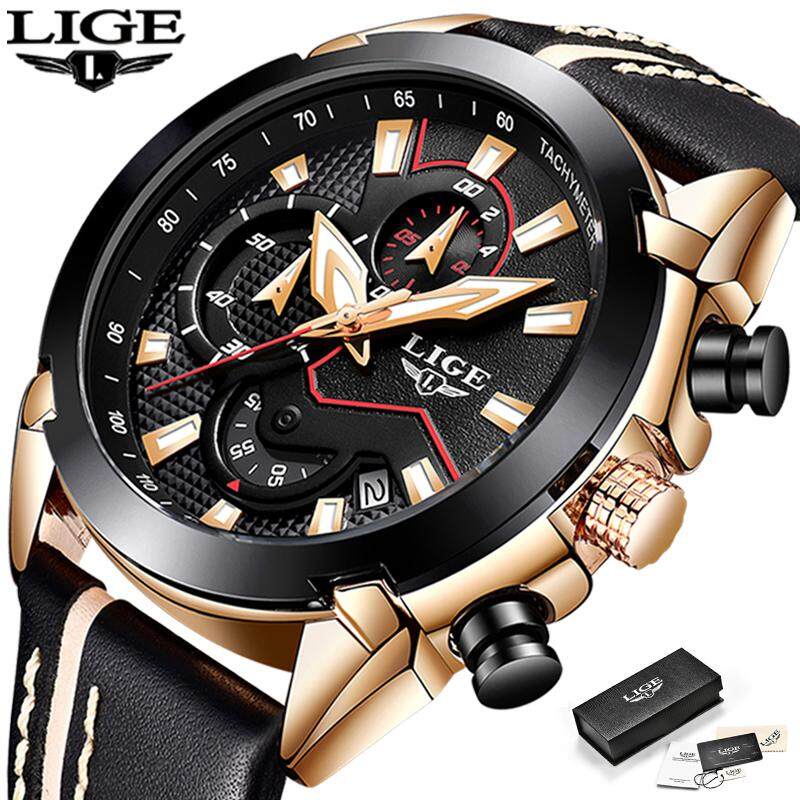 LIGE Design Fashion Watches Men Sports Waterproof Auto Calendar Leather Analog Quartz Jam Tangan Lelaki Malaysia