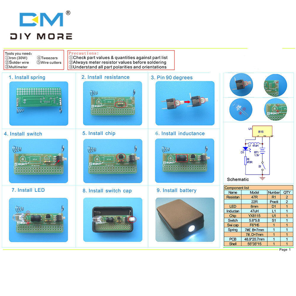 diymore Đèn Pin Đơn Giản Tự Làm Bộ Đèn Pin Đơn Giản FLA-1 1.5V Tự Làm Bảng Mạch Tích Hợp Bộ Thực Hành Hàn Linh Kiện Điện Tử Luyện Hàn