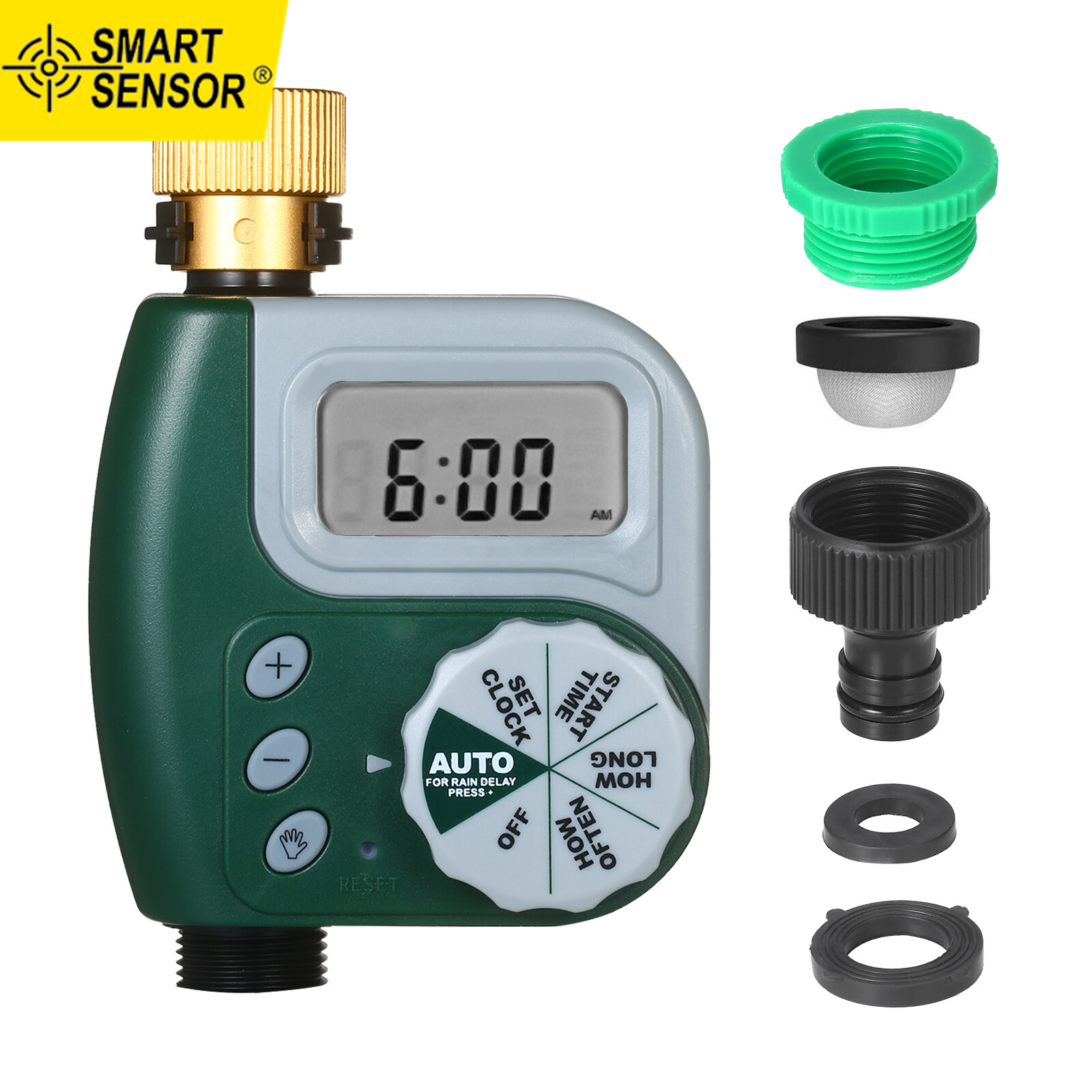 SMART SENSOR Digital Programmable Water Timer Weatherproof Garden Lawn Faucet Hose Timer Automatic Irrigation Controller 1-Outlet Leakpoof Copper Connector with Stainless Steel Filter