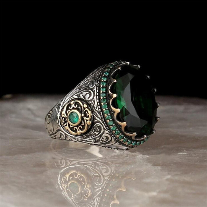 Men's Retro Green Gemstone Zircon Statement Ring Male Jewellery Gift