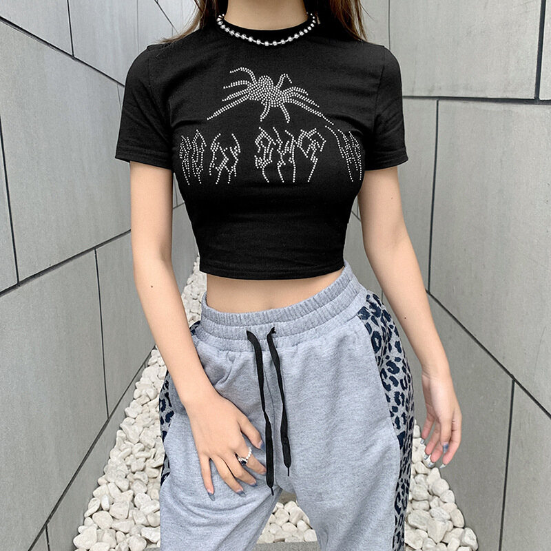 Y2K Vintage Rhinestone Spider Graphic Black T-shirts Women Mall Goth O-neck Short Sleeve Crop Tops E-girl Aesthetics Punk Tees