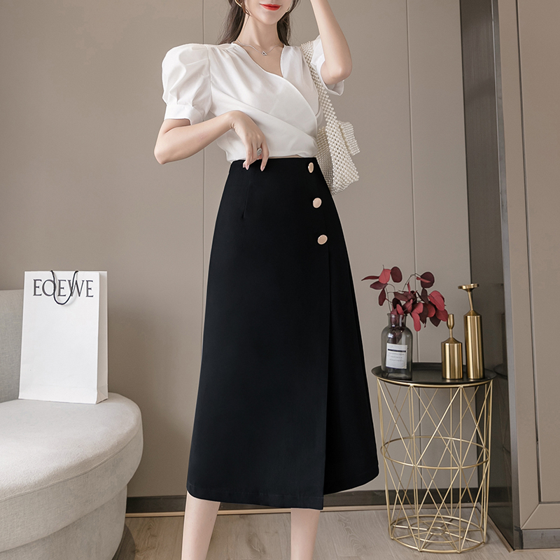 AMMIN 2024 Spring/Summer high-waisted simple skirt to cover the irregular split hips of the Korean version of the commuter elegant A-line anti-slip skirt