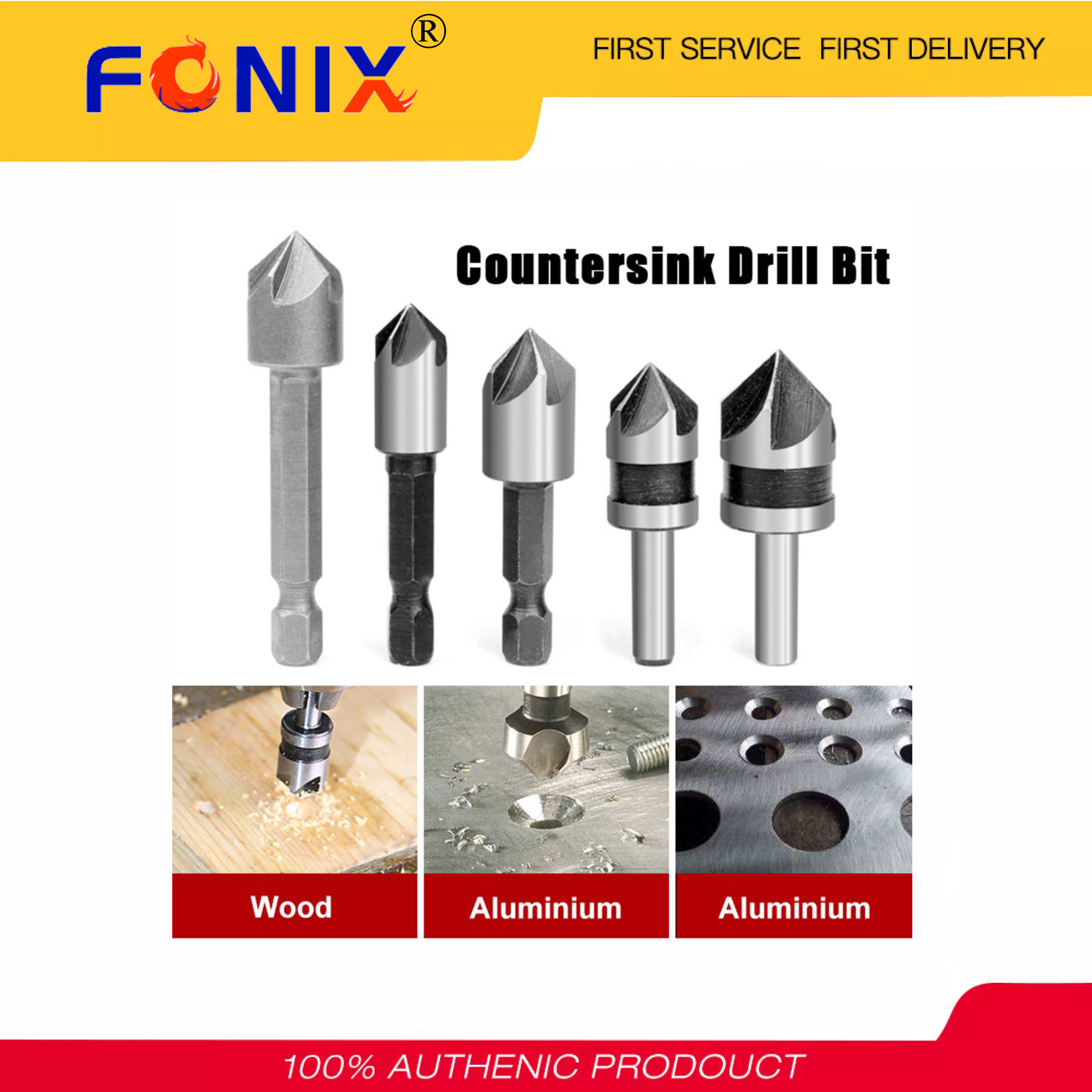 [Ready Stock] FONIX 5pcs 5 Flute HSS Countersink Drill Bit Set 90 Degree 1/4inch Shank Counter Sink Metal Chamfering Cutter For Woodwork Power Tools