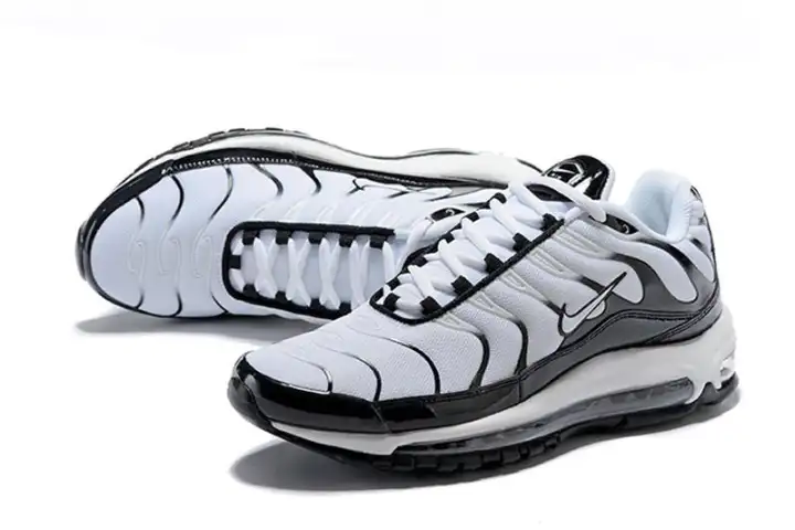 Stok Tersedia Pria NIKE_Air Max 97 Plus TN Bersama Campuran Air Tunggal Shockproof Sport Sepatu Lari PutihHitam Sepatu Gunung Stok Tersedia Pria NIKE_Air Max 97 Plus TN Bersama Campuran Air Tunggal Shockproof Sport Sepatu Lari PutihHitam Sepatu Gunung