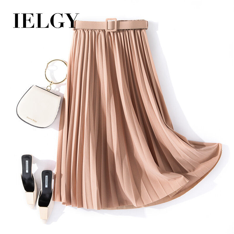 IELGY Solid Color Simple Pleated Skirt Skirt Women's Long Long Belt All-match A-line Skirt