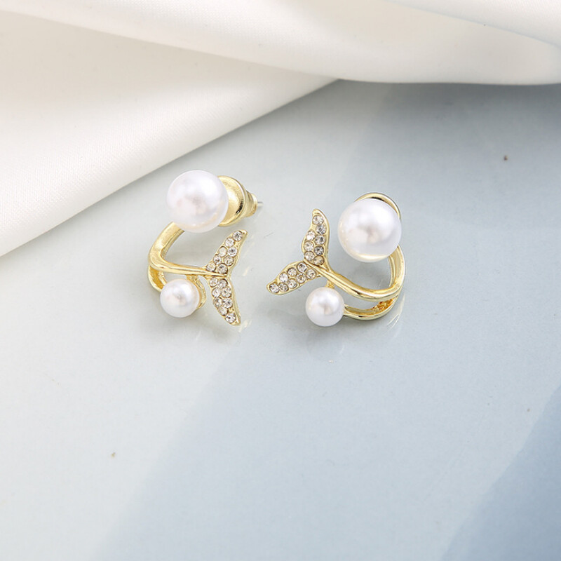 Bông Tai Ngọc Trai Vàng 18K Cho Nữ Khuyên Tai Đuôi Cá Hoa Kim Cương Giả Cổ Điển Kiểu Pháp Quà Tặng Trang Sức Thời Trang Chống Phai Màu