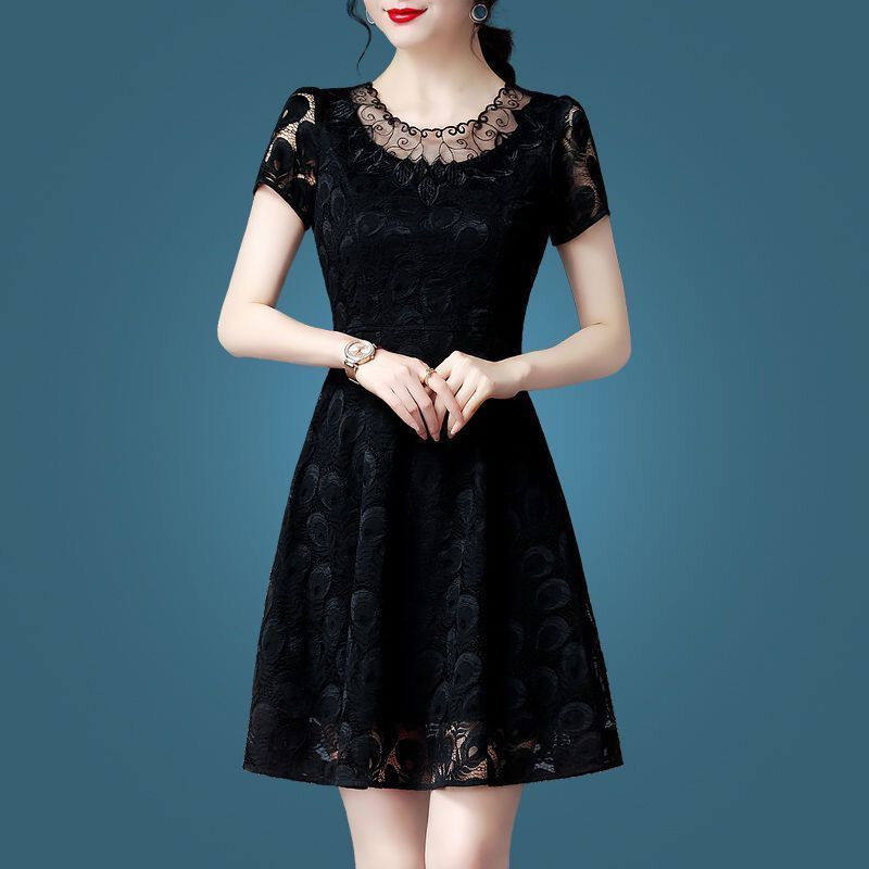 Summer temperament black lace short-sleeved dress show thin new large size medium-length skirt a-word skirt