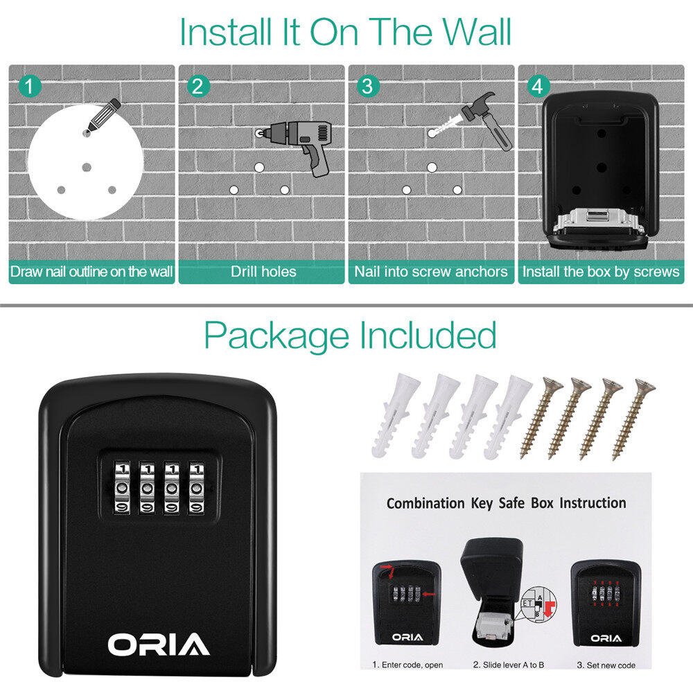 ORIA Key Lock Box 4 Digit Combination Key Storage Lock Box Wall Mounted