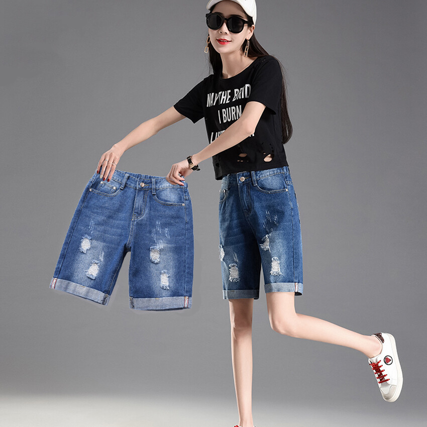 Women denim short elastic waist half length destroyed crimoing edge wide leg casual plus size