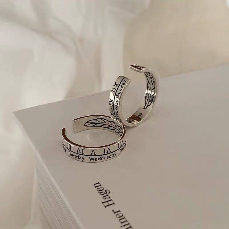 SAWU Silver Stainless Steel Ring with Roman Numerals Couple Rings Open Rings Adjustable Men's Rings