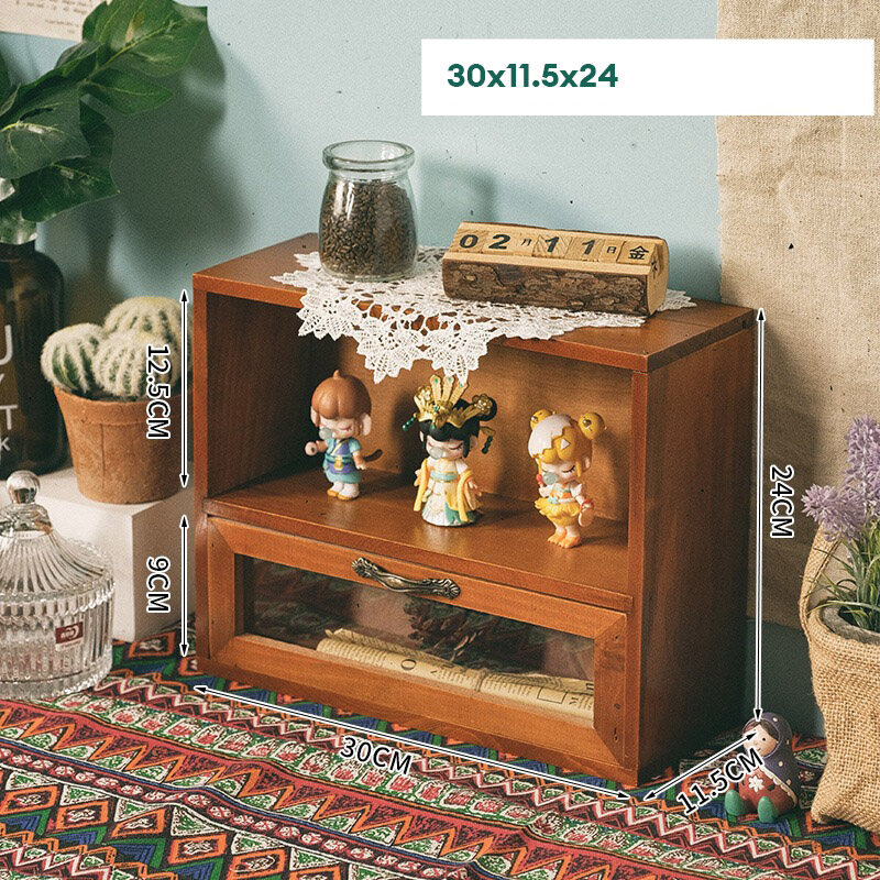Nordic Solid Wood Vintage Wood Double Door Display Cabinet Sundry Cosmetics Storage Cabinet Drawer Desktop storage box