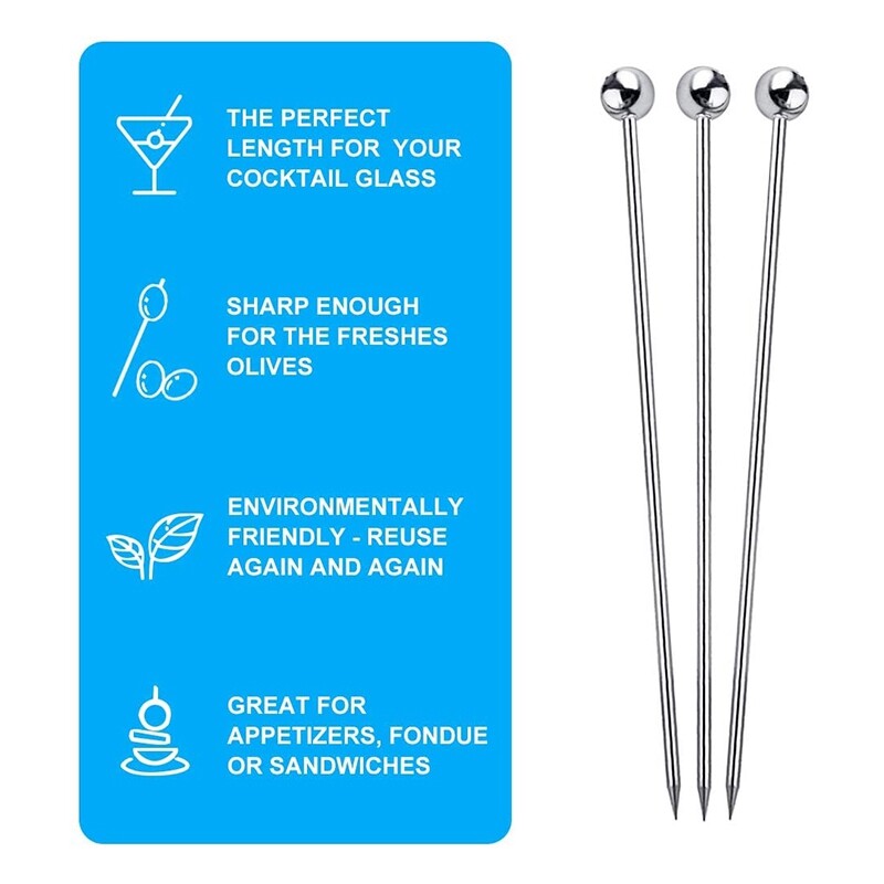 15Pcs Cocktail Picks, 4 Inch Reusable Stainless Steel Martini Picks