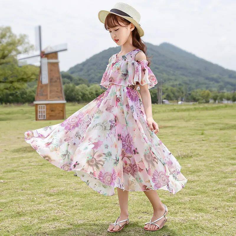 PearlPiggy Girls  New Dress Summer Dress Big Boy Western Style Floral Chiffon Princess Dress