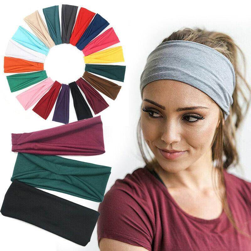 [Cutewomen2020] Wide Headband Sweatband Stretch Sweat Elastic Sport Yoga Run Solid Hairband