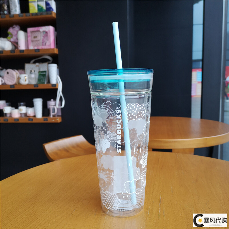 Starbuck Korean large-capacity double-layer glass straw cup pink cherry coffee bear whale sequined green cover goddess