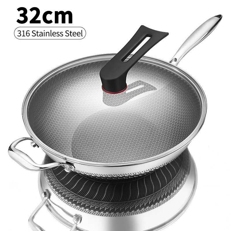 Premium High Quality Full Set 316 Stainless Steel Wok Wok Tefal Non Stick Wok Pan