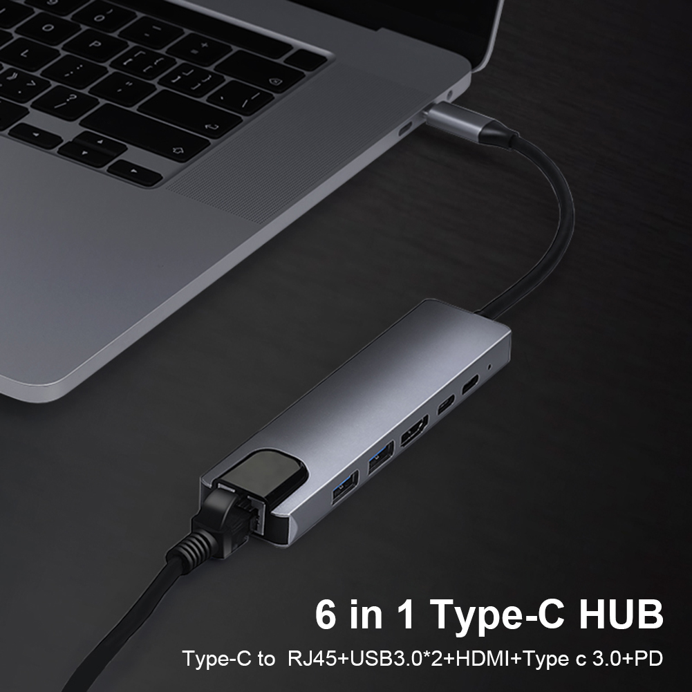 6 in 1 USB C HUB Docking 2 USB 3.0 HDMI Type-C PD RJ45 Multi USB Adapter Station Computer Accessory