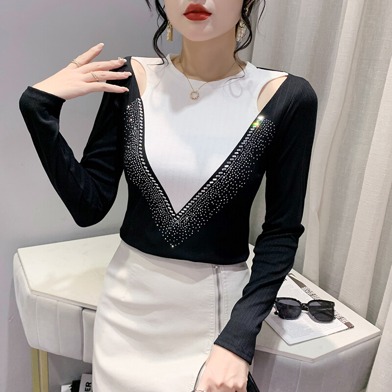 YIMEI Fashion heavy ironing women's T-shirt 2023 autumn new colour collision tops female hollow sexy tight long-sleeved bottoming shirt
