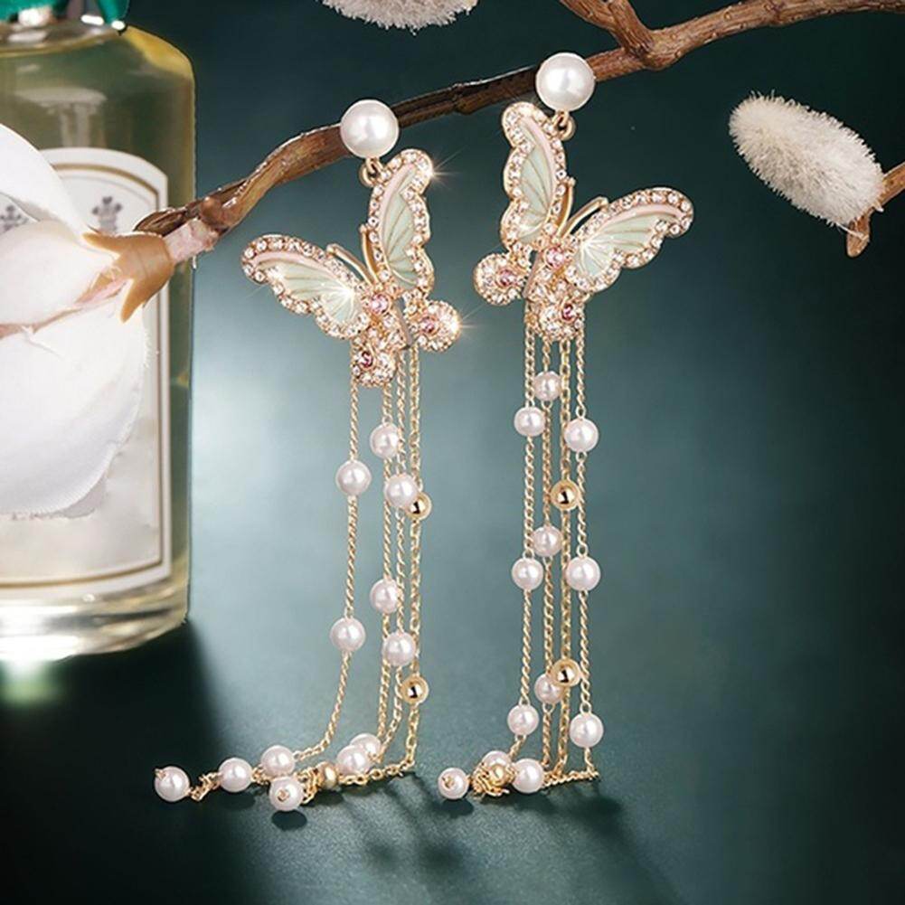 Talent Star Lady Bling Rhinestone Inlaid Butterfly Long Tassel Faux Pearl Drop Stud Earrings