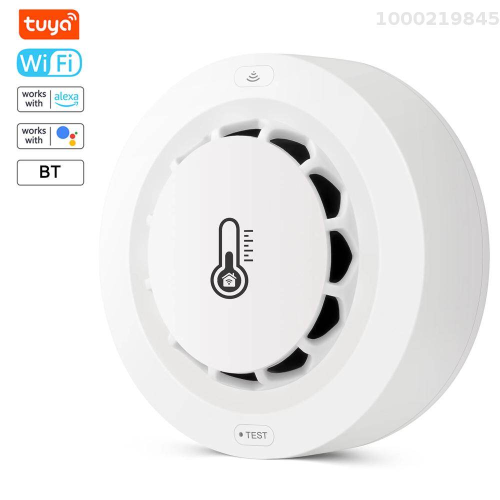 Smart Sensor Tuya Wifi BT Two Connection Smoke Detector Temperature Humidity Measurement Device 80dB Sound Alarm with Cellphone APP Remote Push Alert Function Compatible with Alexa and Google Home Voice Control