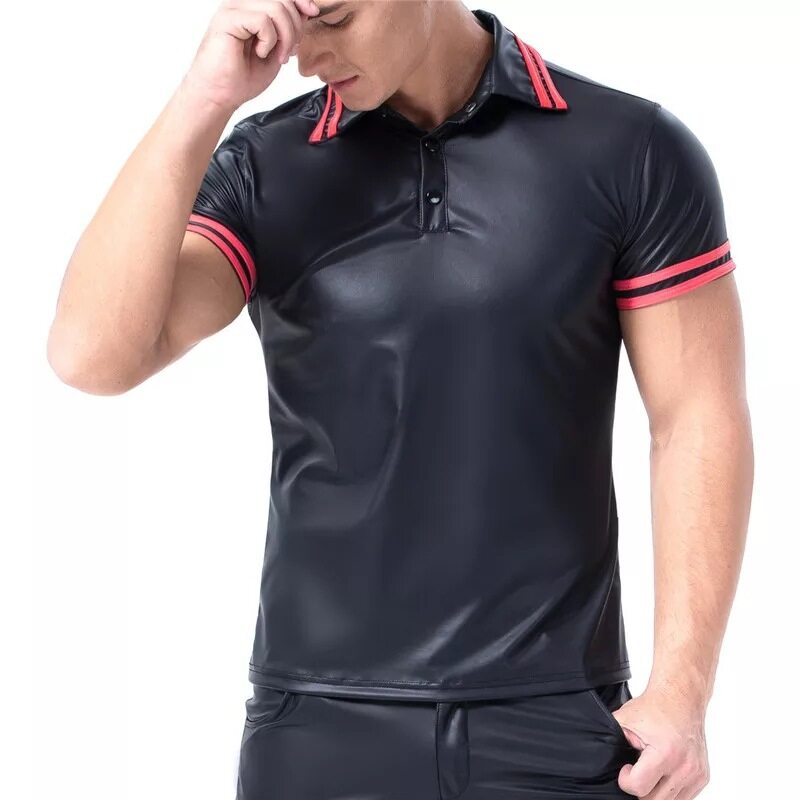 Men Leather Polo Shirts Elastic Fashion PU Leather Shirts Shaping Tees Lazada PH