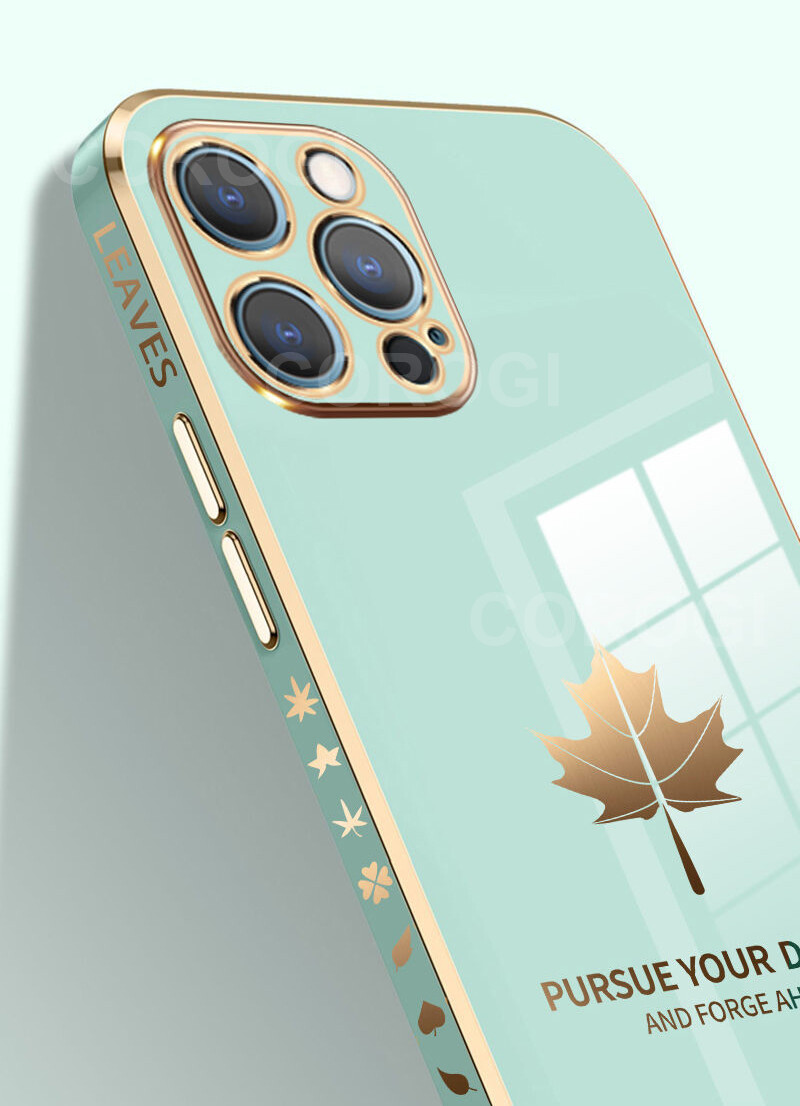 For iPhone 8 Plus / iPhone 7 Plus Case with Lanyard Luxury 6D Plating Maple Leaf Phone Cases Soft Silicone Square Frame Full Lens Protection Back Cover