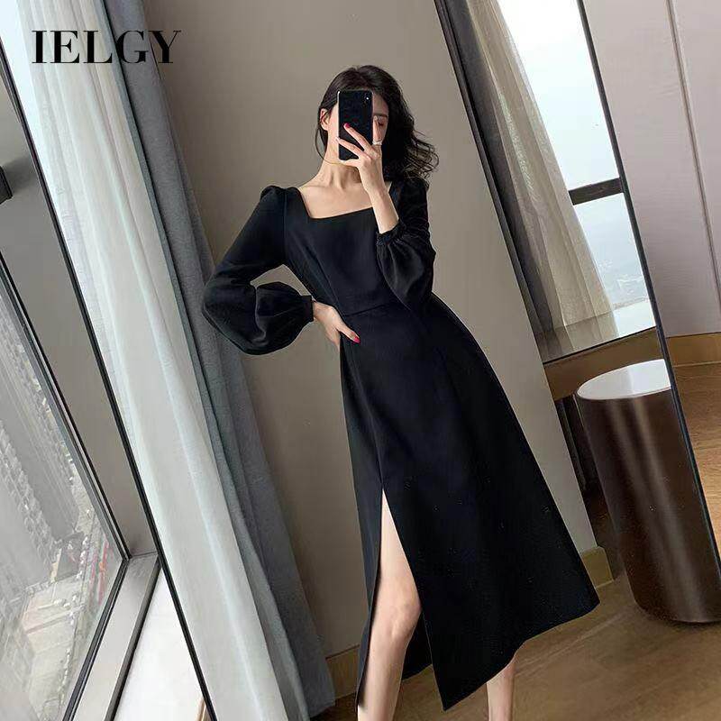 IELGY fashion black waist slit mid-length square neck dress