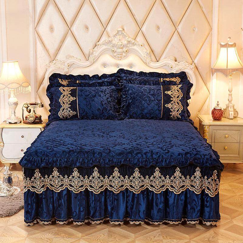 Royal Blue Princess Bedding Bed Skirt Velvet Thick Warm Lace Bedding Bed Skirt Velvet Thick Warm
