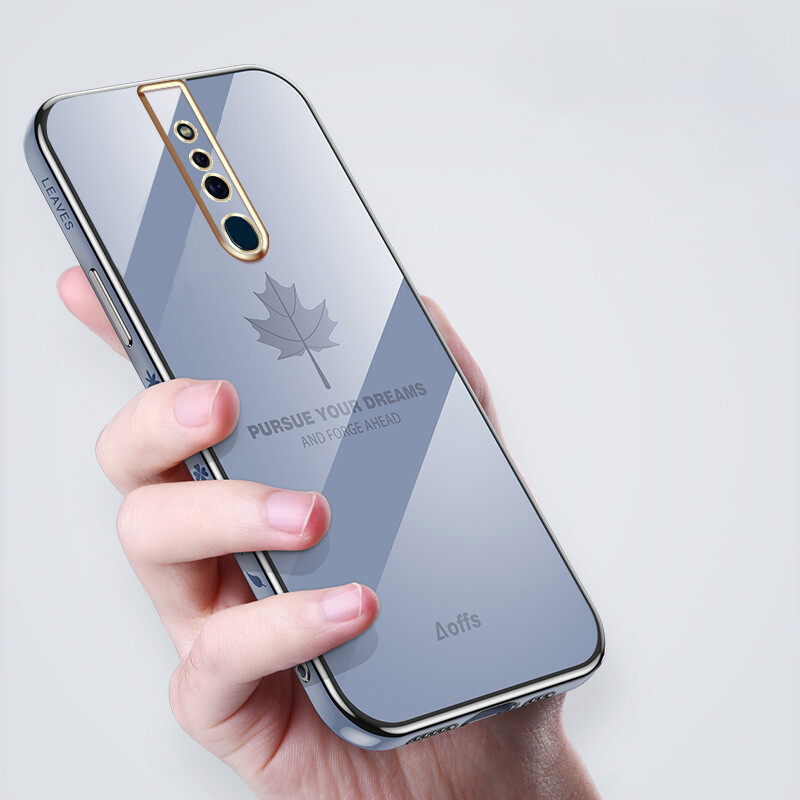 YBD Straight Edge Plating Phone case For OPPO F11 casing,Precise Camera Protection case Maple leaf pattern cover with Free lanyard