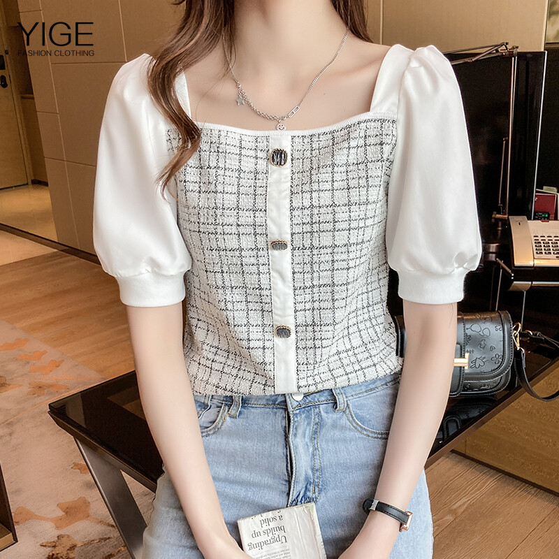 YIGE summer Korean women's plaid square collar blouse plus size elegant temperament