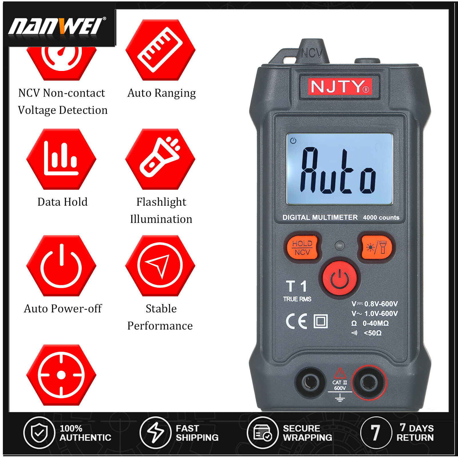 [Original] NJTY Palm-size LCD Digital Multimeter Auto Range NCV 4000 Counts True RMS Smart Universal Tester 600V Voltmeter Ohm and Voltage Tester Measuring AC/DC Voltage Resistance ON-OFF Buzzer