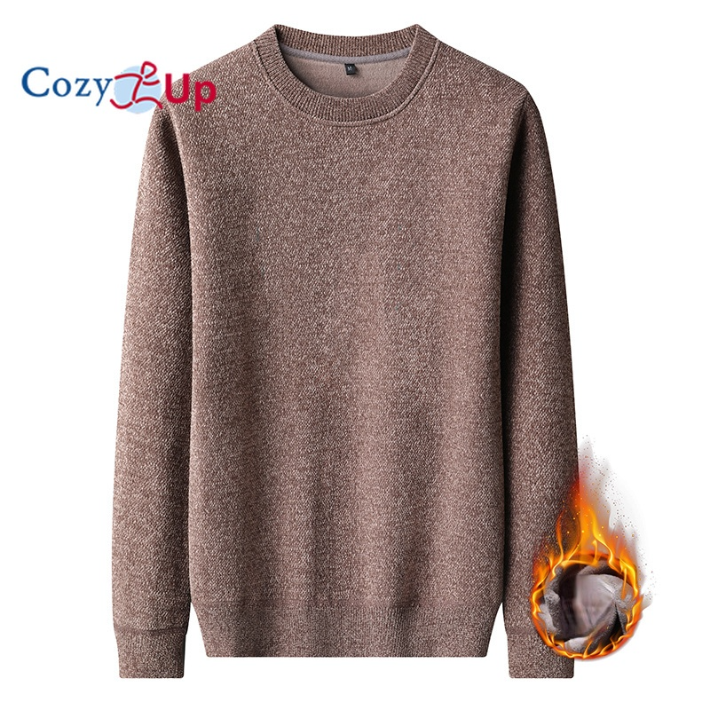 Cozy Up Men Long-sleeved Sweater Casual Round Neck Solid Color Plus Velvet Warm Pullover