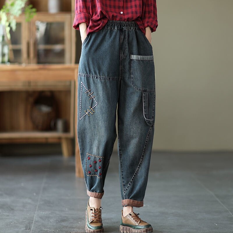 【มีไซส์ใหญ่】plus Size Womens Elastic Waist Embroidery Jeans Vintage Harem Denim Pants Plus 4785