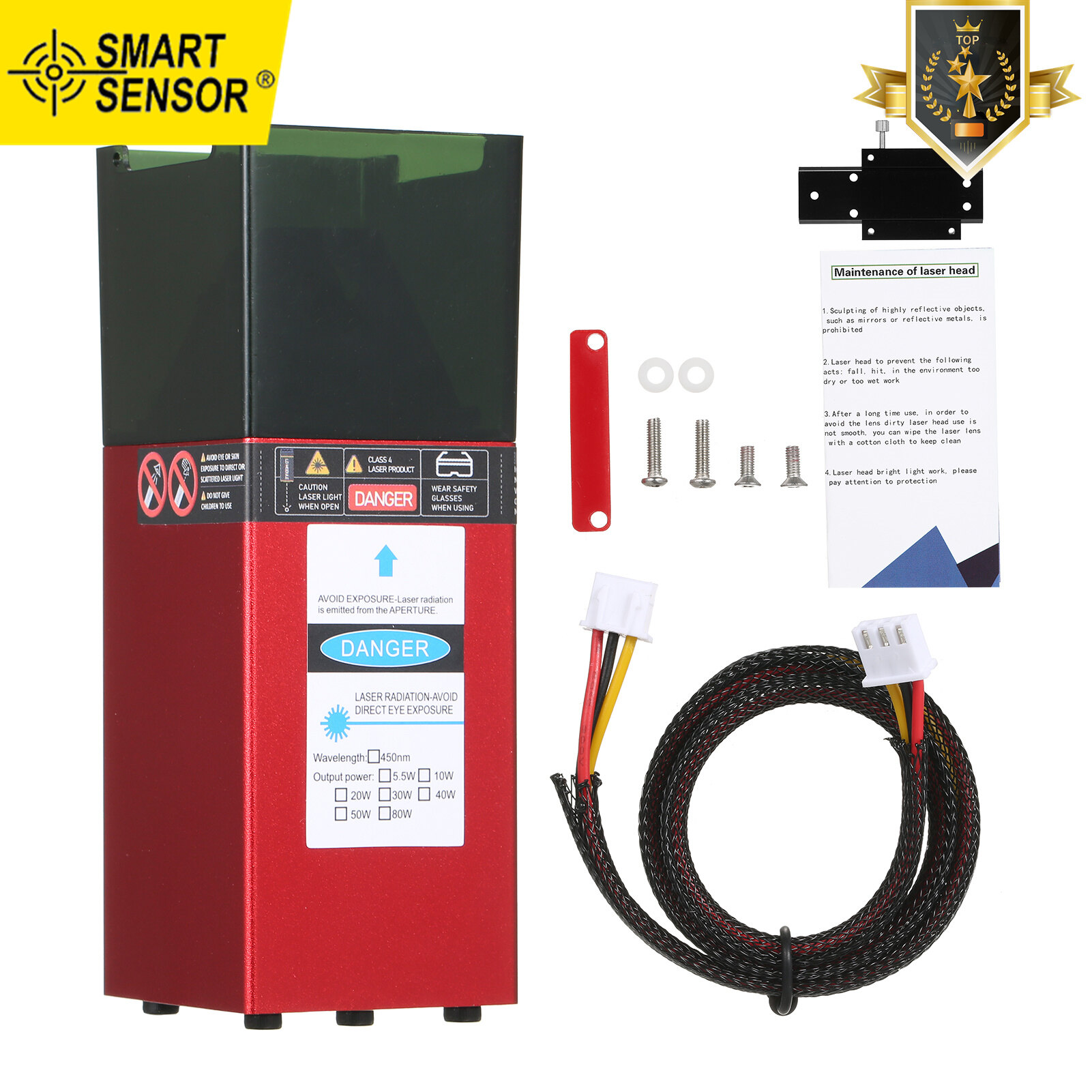 Smart Sensor 450nm 80W Laser Module Fixed Focal Length Laser Engraving Head High Speed Laser Engraver Cutter 3D Printer CNC Router Laser Module for DIY Craft Wood Leather Fabric Paper Cutting Engraving