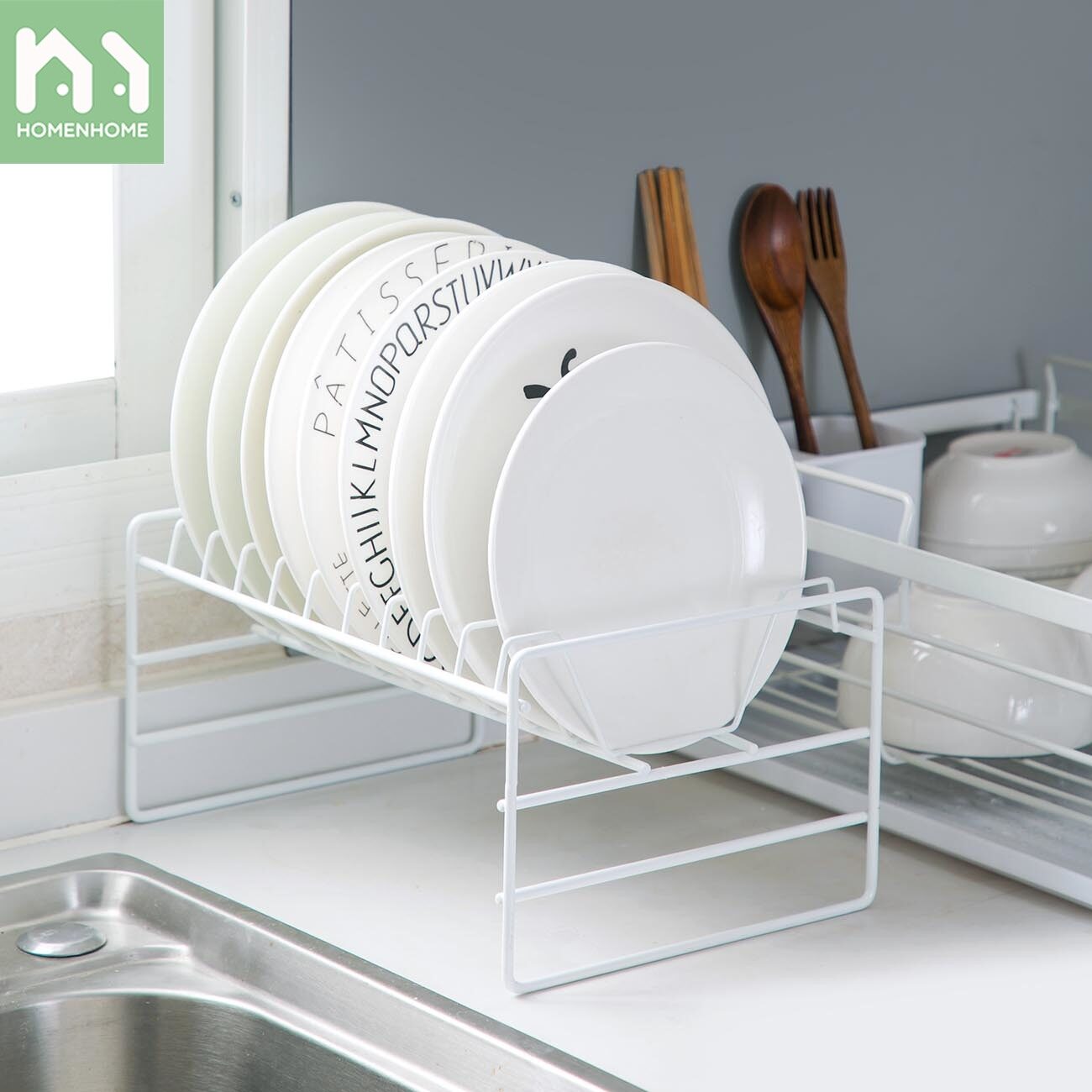 Homenhome Giá nhiều lớp để ráo chén dĩa nhà bếp tiện lợi, bằng sắt rèn - INTL