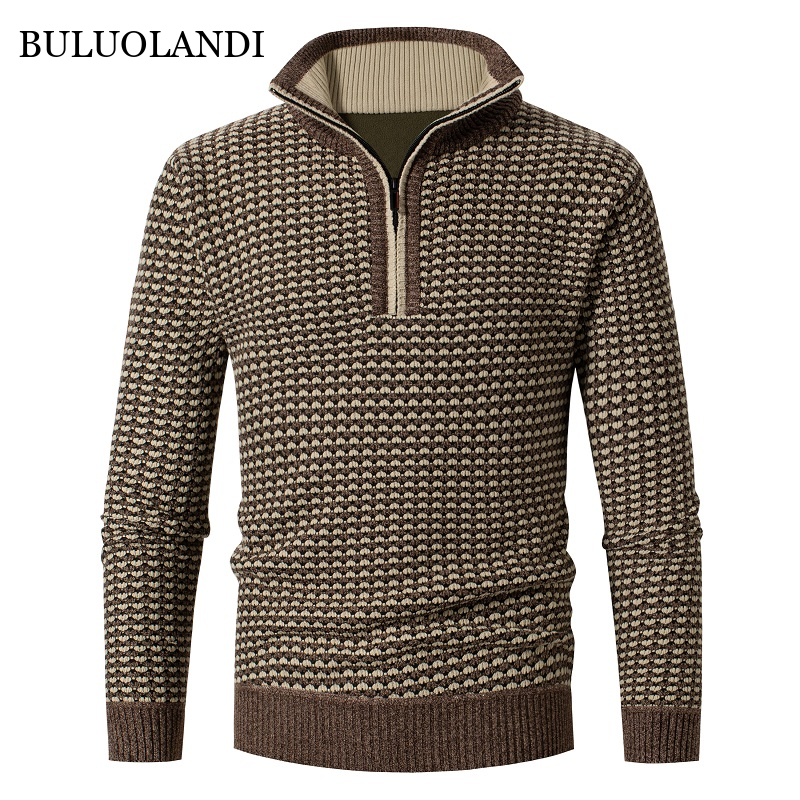 BULUOLANDI Autumn Winter Knitted Stand Collar Contrast Color Plus Velvet Half Zipper Sweater Men's Sweater