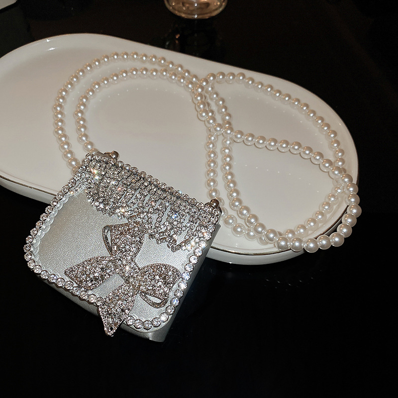 DREJEW Diamond-encrusted pearl bow leather bag French niche versatile crossbody bag fashionable temperament high-end accessories for women
