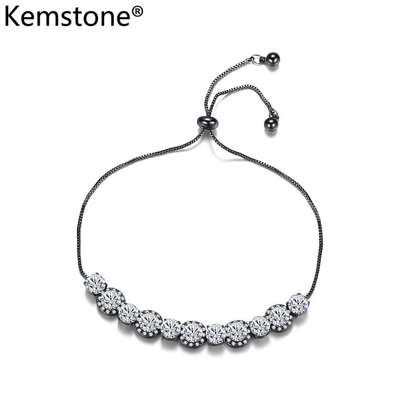 Kemstone Black Silver Plated Crystal Adjustable Charm Bracelet Female Women Gift Jewelry