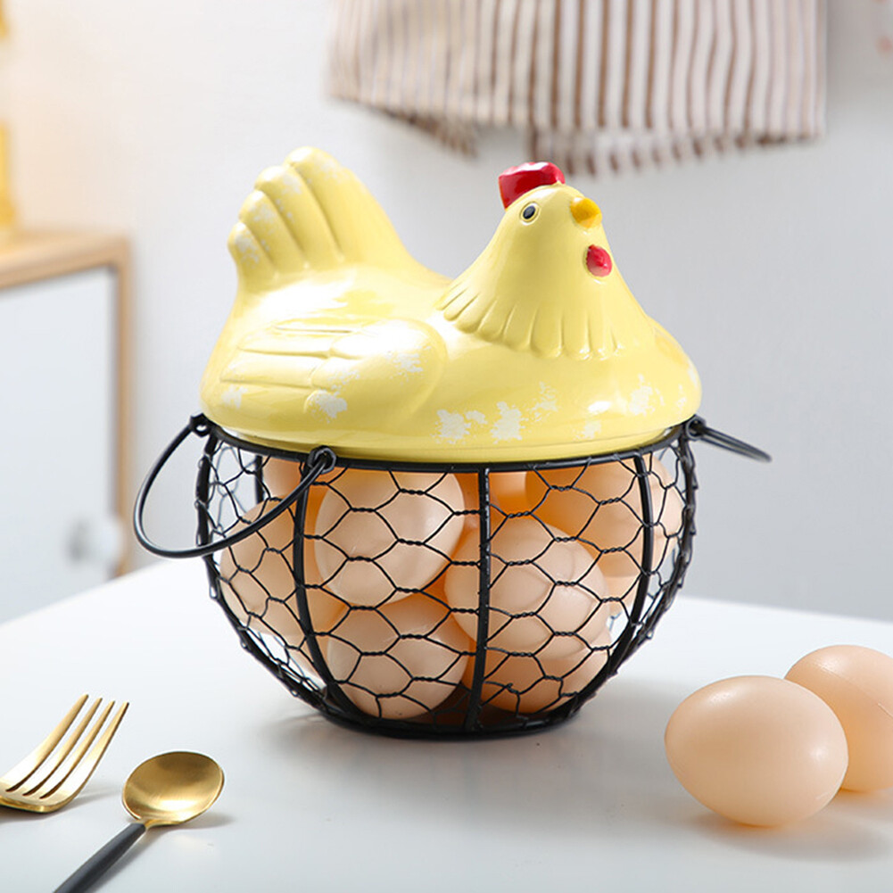 Terylin Iron Ceramic Hen Ornament Egg Fruit Storage Basket Container Kitchen Supplies