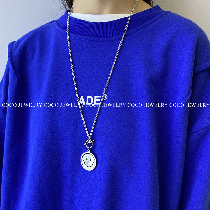 COCOJEWELRY Hip Hop Personality Smiley Face Pendant Necklace Korean Style Two Sides Rotating Expression Sweater Chain Couple Jewelry